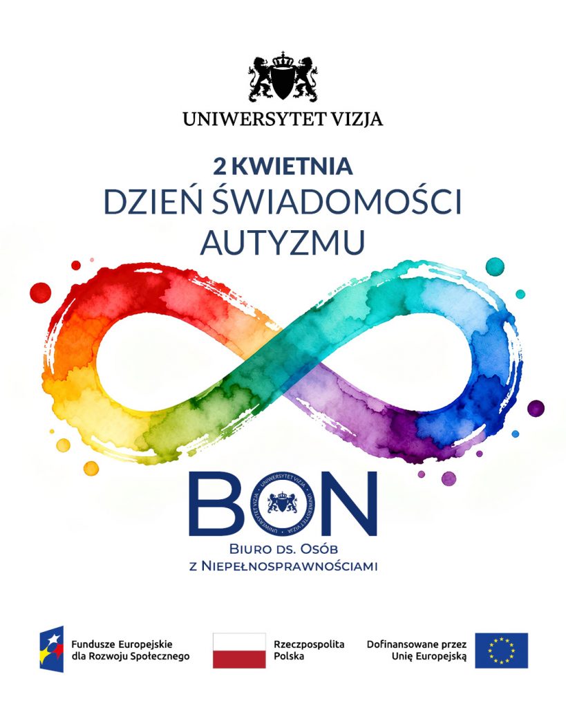 Plakat z okazji Dnia Świadomości Autyzmu z kolorowym znakiem nieskończoności.